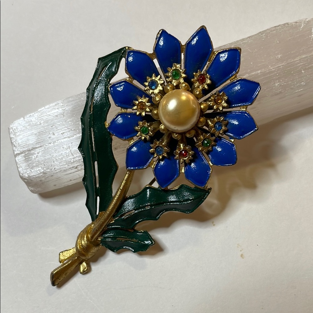 Large Blue1930's Antique Pot Metal Enamel Flower Brooch with Rhinestone Accents